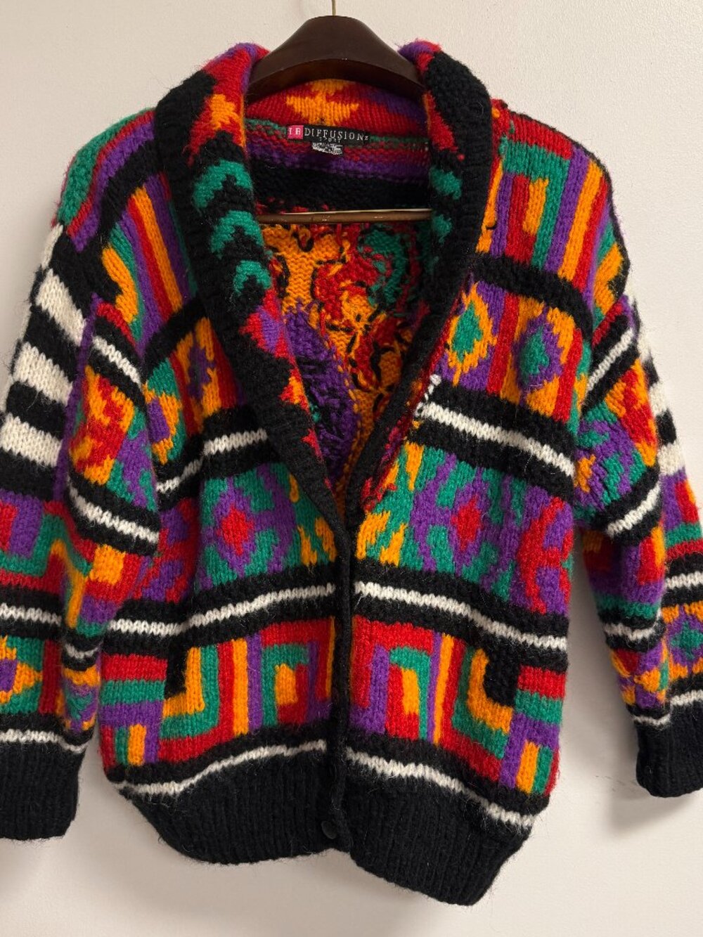 Vintage 90s Bright Print Wool Blend Chunky Oversized Cardigan Sweater Geometric